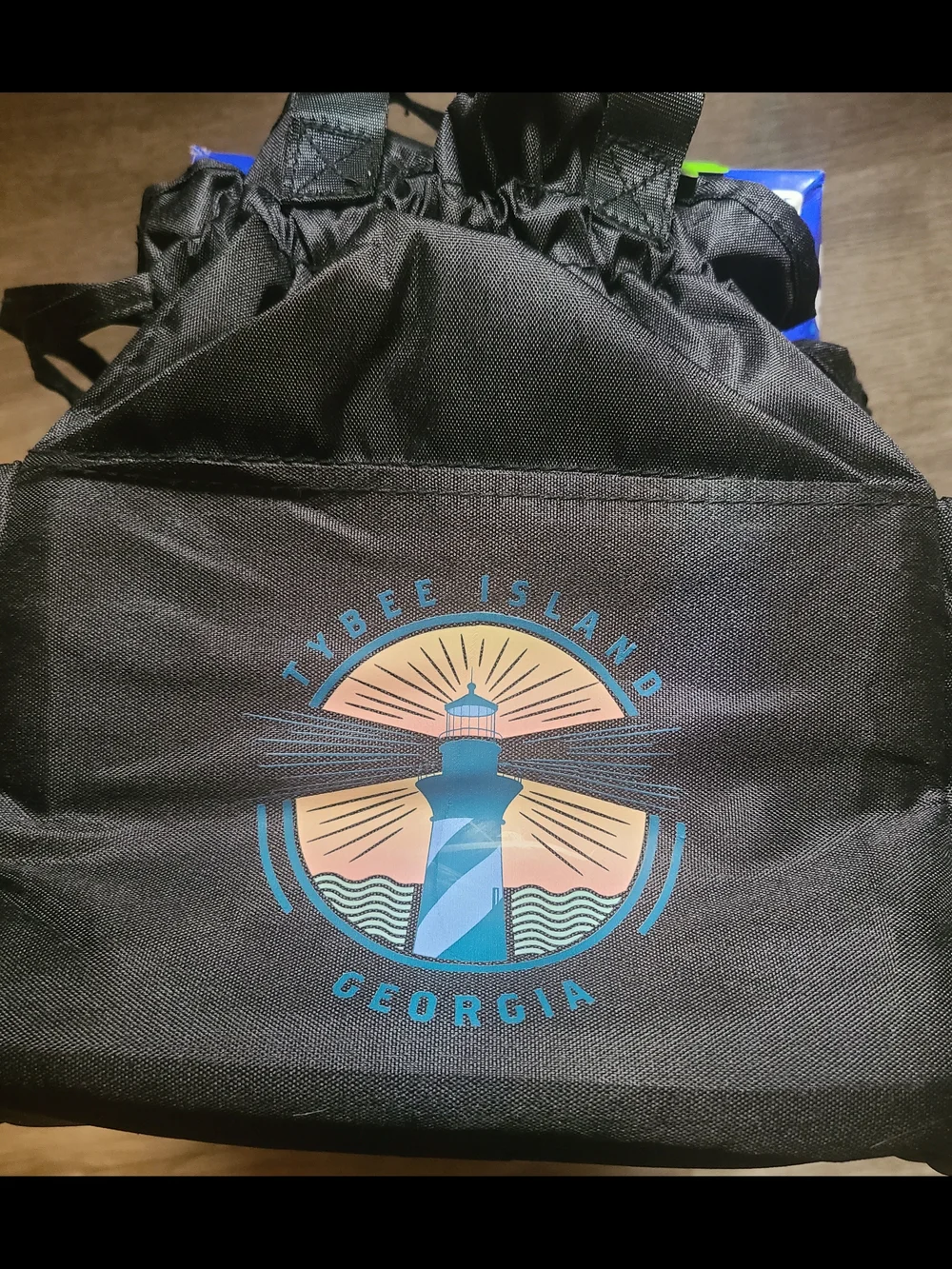 Tybee Island Georgia Black Drawstring Insulated Cooler Bag with Lighthouse